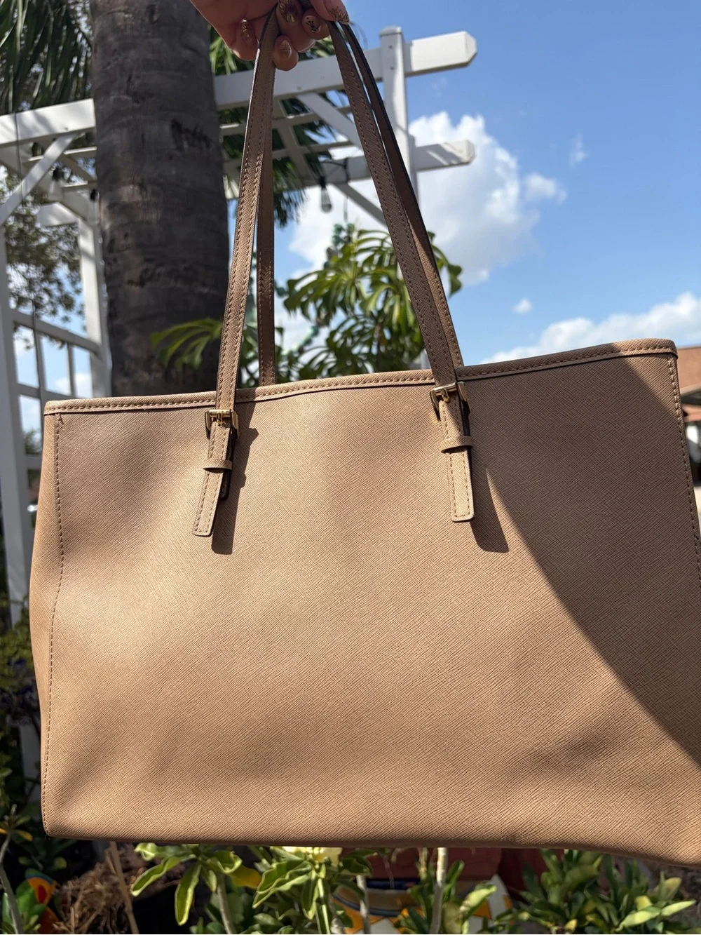 Michael Kors Beige/Tan Saffiano Leather Tote with Gold Logo Charm